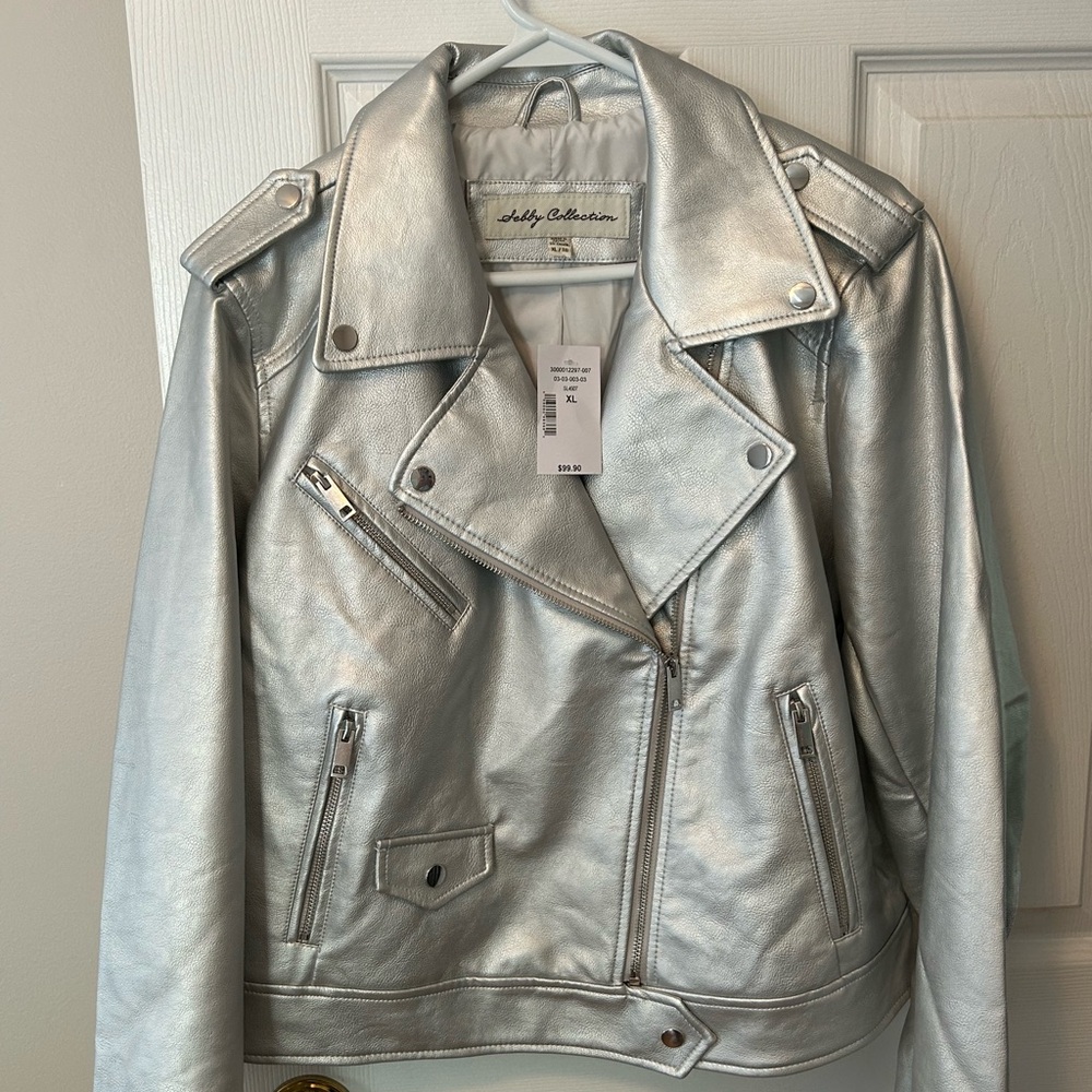 Sebby Silver PLEATHER Moto Jacket with Asymmetrical Zipper
